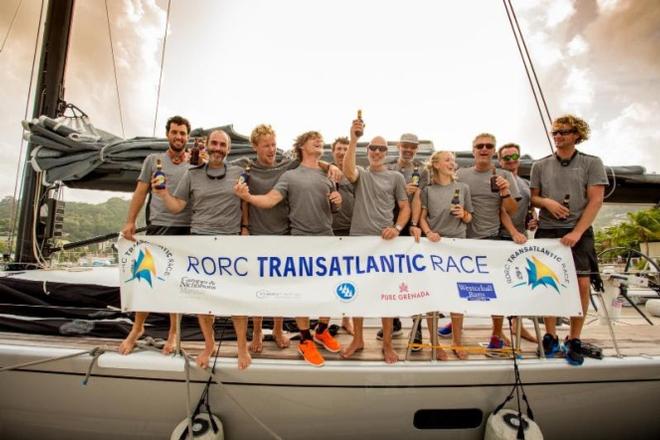 Three cheers and a warm welcome dockside for Aragon who finished the race in Port Louis. After IRC time correction, the Dutch Maxi is leading the race for the RORC Transatlantic Race Trophy © RORC/Arthur Daniel